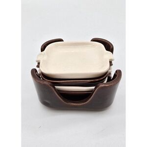 Set Of 4 Vintage Ceramic Brown & Cream Tea Bag  Holder For Home Decor & Tea